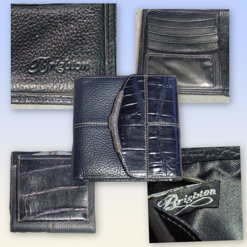 Brighton Trifold Wallet Womens Black Croc Pebbled Leather Silver Floral